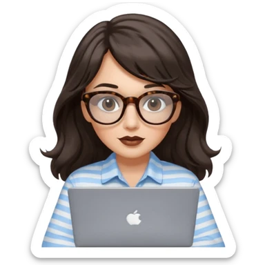 A white woman with long wavy dark brown hair and a whispy bang, wearing thick tortoise SQUARE glasses. She has long lashes and a nude browny glossy lipstick. She's wearing an oversize light blue shirt with white strips. She's working on a laptop sticker
