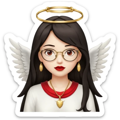 Angel girl with eyeglasses and long dark hair with red lipstick  and push gold necklaces and dark eyes with withe wings sticker
