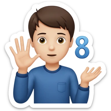 A boy shrugging with 6 over one hand and 7 over the other sticker
