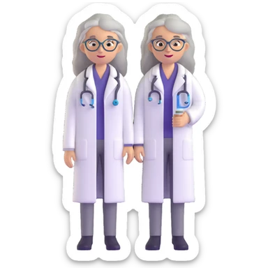 woman science teacher with long graying hair, wearing a lab coat sticker