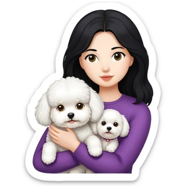 woman with long black hair holding white fluffy Bichon Frise dog sticker