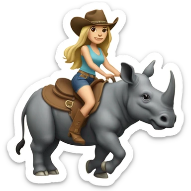 Caucausian woman with long hair with a cowboy hat and she’s riding a rhinoceros sticker