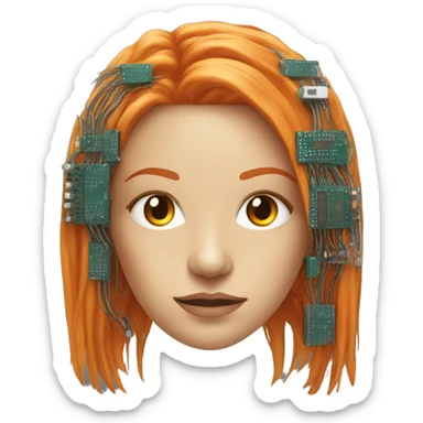 Head of female cyborg with long orange hair and circuits sticker