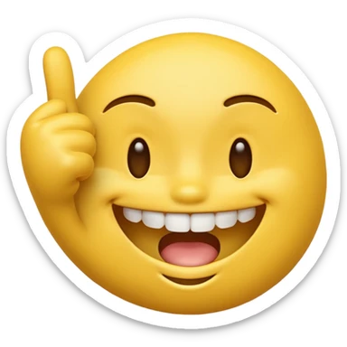 Yellow 3D emoji face, closed smiling eyes, wide toothy grin, one hand with index finger touching the mouth, playful flirty expression, clean emoji style. sticker