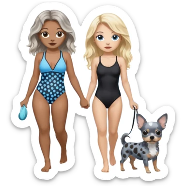 2 pretty women in bathing suits, hazel eyed light skin with dark brown wavy long hair, walking a blue and gray spotted Merle Frenchie the other blue eyed light skin long blonde hair with black chihuahua  sticker