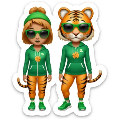female energetic anthropomorphised tiger in full body, wearing St. Patrick's Day themed sportswear and dark sunglasses sticker