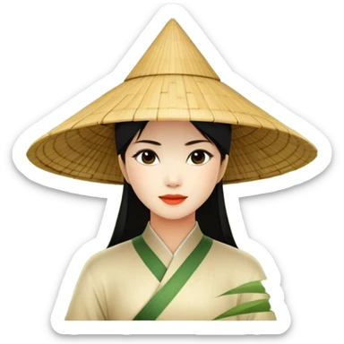 ​Cinematic Realistic Traditional Vietnamese Nón Lá, depicted as a delicately crafted conical hat made of bamboo and palm leaves with subtle texture and natural wear, set against a serene rural backdrop bathed in warm, soft sunlight, evoking authentic cultural heritage, sticker