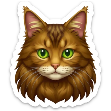je veux un emoji chat main coon marron foncé  à poil long avec les yeux vert jaunes, je veux qu’il soit en entier assis stp  sticker