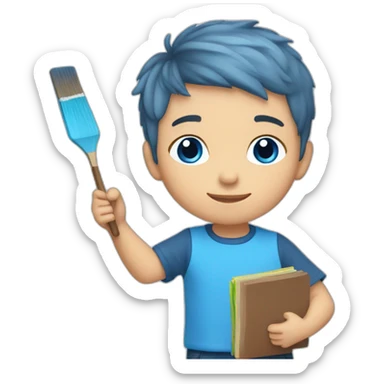 An 6-year-old boy with blue short middle hair, with a palette in hand, with blue eyes sticker