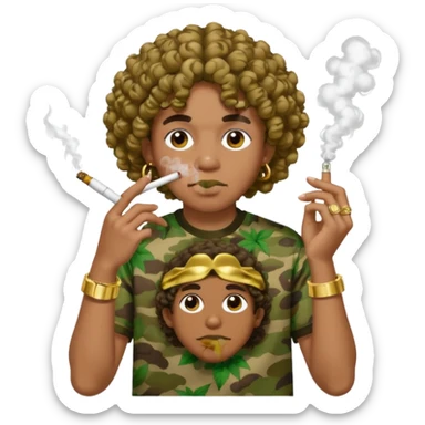 curly hair wearing bathing ape shirt smoking weed with grills sticker