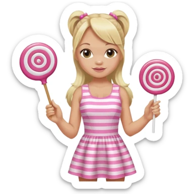 Emma Bunton with long blonde ponytails wearing light pink body dress holding a lollipop sticker