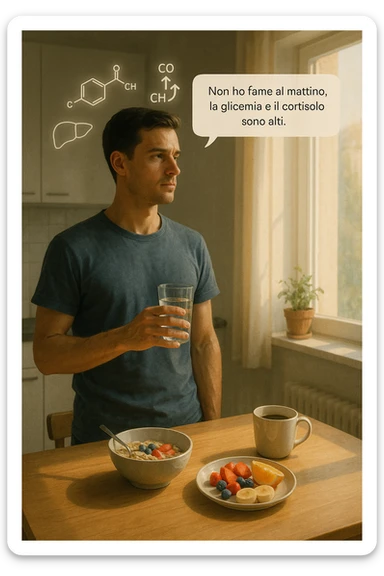 A realistic, cinematic illustration of a man in his early 30s with a lean, healthy build, standing calmly in a bright, minimal kitchen in the early morning. On the kitchen table, there is a prepared but untouched healthy breakfast (oatmeal, fruit, coffee). The man, with a neutral and focused expression, holds a glass of water while looking out of the window where morning sunlight enters. Above him, subtle glowing medical icons display: a glucose molecule, a cortisol hormone symbol, and a liver icon, indicating high morning blood sugar and cortisol levels. A small speech bubble or text overlay says: ‘Non ho fame al mattino, la glicemia e il cortisolo sono alti.’ The scene conveys a sense of calm, clarity, and body awareness, showing that the man consciously avoids breakfast due to physiological signals rather than restrizione. The style is realistic, warm, with a slight film grain, emphasizing health and conscious self-regulation. sticker