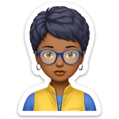 stern Black woman with short textured hair, glasses, wearing blue and yellow jumpsuit, front-facing sticker