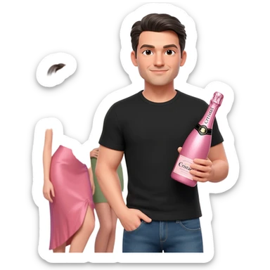 The client, , medium height, black T-shirt and jeans. He looked like a regular guy, except that he held a famously expensive pink bottle of Cristal champagne in one hand and was surrounded by towering, thin, beautiful girls. sticker
