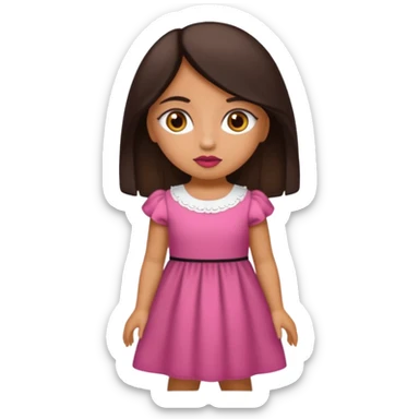Gordita, ojos pequeños de color cafe oscuro, labios pequeños y rosados, piel trigueña, orejas pequeñas, cabello largo lazio y negro, pequeña. cuerpo completo sticker