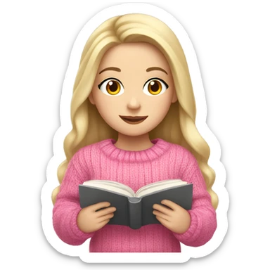 Pretty white girl with pink sweater reading cozy sticker