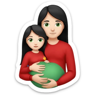 Make a couple emoji they are 18. The girl has long black hair and blue eyes and is hugging a pregnant boy with light brown hair and green eyes they are both wearing red top. They are both white  sticker