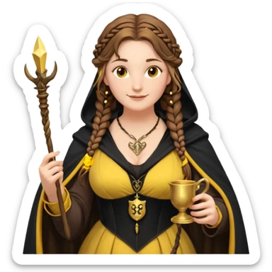 Helga Hufflepuff, brown-haired, 2 long brown braids, yellow-black medieval dress, deep neckline, black cloak decorated with gold braiding, small magic wand made of wood, tiny two-handled shiny yellow-gold cup, very kind smile, curvy busty sweet woman, macromastia, thick round rosy cheeks sticker