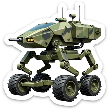a roomy American 4-wheel armored personnel stealth camouflage army massive mech trail vehicle shooting forward side-hill leaning actively articulating hydraulic independent suspended pod gimbal enemy mech off-road racing rover with large fast engine RC basher crawler megatron  sticker