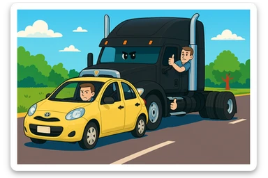 Add a person in the black semi truck with their arm out the window. Keep the scene bright and vibrant, with a person in the car in front. sticker