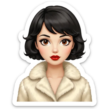 Alluring 1960's mod French girl french shiny black wavy textured bob haircut tousled hair red lips wearing cream fur coat sticker