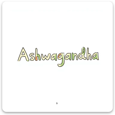 The word "Ashwagandha" hand-drawn in white/cream colored text with just a few green and orange accents. Simple doodle style. sticker