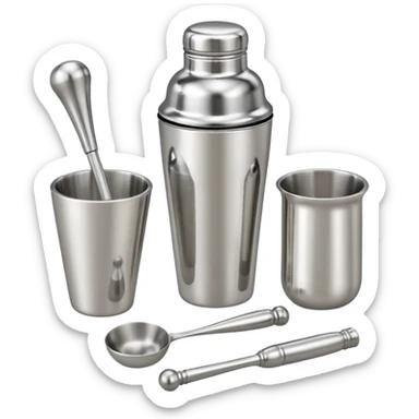 A metal shaker set including a shaker, jigger, and muddler neatly placed on the counter.
 sticker