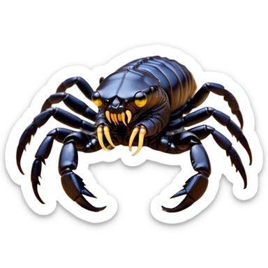 Cinematic Comical Emperor Scorpion Portrait Emoji, Head tilted dramatically with an exaggeratedly amused expression, featuring a striking, glossy exoskeleton with boldly defined pincers and wide, expressive eyes filled with playful disbelief, Simplified yet hilariously expressive features, highly detailed, glowing with a slightly sassy glow, high shine, dramatic yet playful, stylized with an air of cheeky desert mischief, soft glowing outline, capturing the essence of a spirited and over-the-top scorpion that feels like it could snap its pincers into internet fame instantly! sticker