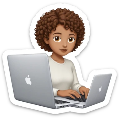 person with brown eyes and short-medium brown curly hair working on a laptop sticker