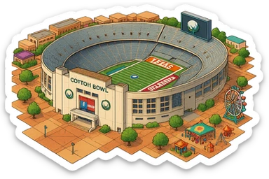 Изометричная, яркая, детализированная и фотореалистичная иллюстрация стадиона Cotton Bowl в стиле 3D-коллажей городов, насыщенные цвета, аккуратные и чёткие линии, мультяшно-реалистичная стилистика. Чёткие контуры, не размазанные линии, высокое качество, прозрачный фон, не обрезать края стадиона. sticker