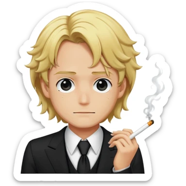 Sanji with blonde hair, black suit, cigarette, curly eyebrow sticker