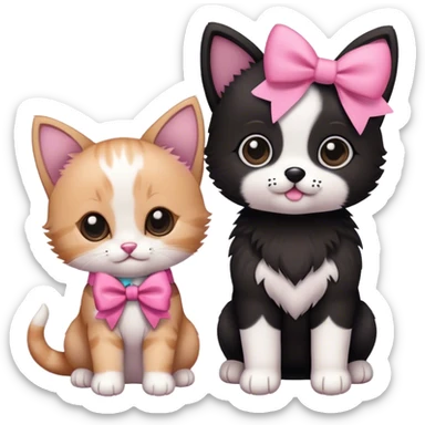 a kitten and a puppy together with a pink bow only one sticker