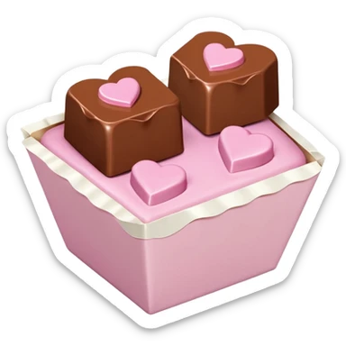 Two square milk chocolate 2 pralines only, Each praline is a sharp-edged cube with smooth glossy chocolate coating, placed in a small white fluted paper candy cup. On top of each cube is a flat pastel pink heart-shaped icing, thin and smooth, slightly translucent, with fine sugar crystal sparkle. sticker