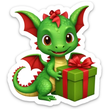 a cute baby dragon is holding a brown carton gift with red ribbon sticker