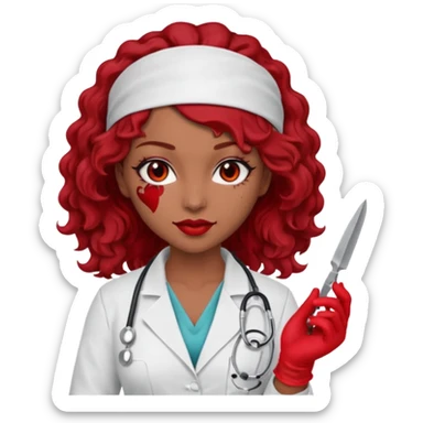 Lilith scalpel in hand, evil surgeon sexy surgeon clothes.  She has red eyes. She brown long curly hair. Wears sexy doctor outfit with red gloves.hair is free and brown  Wears red bandana to hide  her mouth and nose sticker