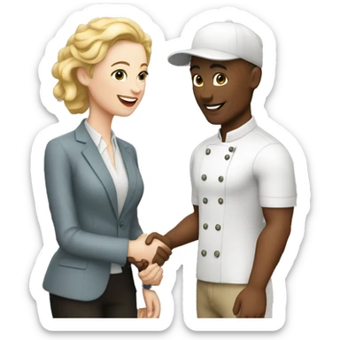restaurant owner and blogger shaking hands, both with white skin, in great detail sticker