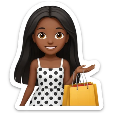 black girl with long straight hair and white dress with black dots holding shopping bags  sticker
