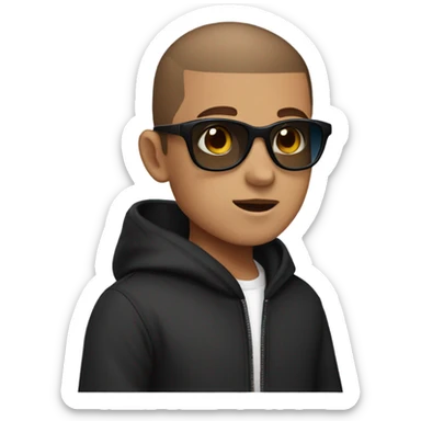 a boy with a buzz cut ,sunglasses  , blue eyes , brown hair and a black hoodie sticker