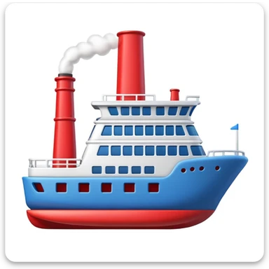 3D Apple-style emoji of a ship with simplified shapes, cartoon-like look, glossy finish, soft shadows, white background, featuring a red smokestack, blue hull, and recognizable windows sticker