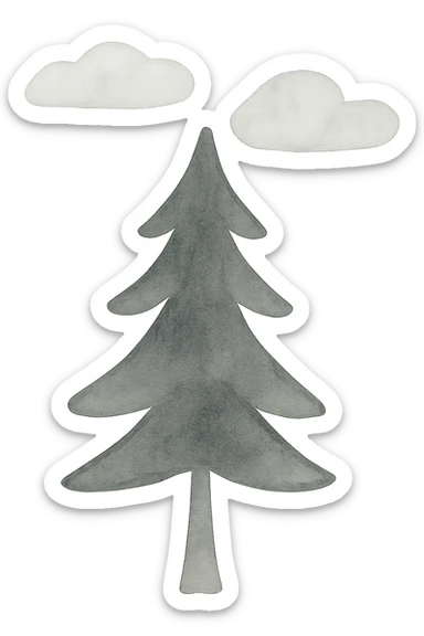 illustration of a simple single evergreen tree with clouds in Scandinavian folk art style, dark neutral forest color tones, watercolor texture with outlines, suitable for favicon sticker