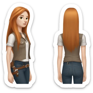 White fair skin, long hair, woman, feminine, straight hair in a wolf haircut, ginger coloured hair, grundge aesthetic, beautiful face, British, stylist, aesthetic, side bangs, front bangs, teen, full body, slim, she’s wearing a cowboy outfit sticker