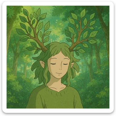 a whimsical forest spirit with leafy antlers, ghibli style sticker