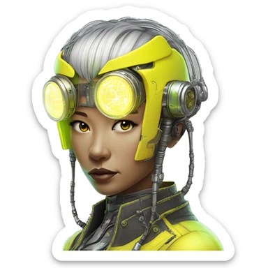Neon yellow bobbed hair Asian female cyborg head with silver steampunk goggles and circuits sticker
