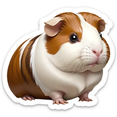 Cinematic Noble Brown and White Banded Guinea Pig Portrait Emoji, Poised and regal, with a compact, chubby build and a uniquely patterned fur of warm brown and crisp white banding, deep-set soulful dark eyes, Simplified yet sharp and sophisticated features, highly detailed, glowing with a soft, dignified glow, high shine, intelligent and charming, stylized with an air of distinctive elegance, focused and attentive, soft glowing outline, capturing the essence of a watchful and confident companion, so majestic it feels as though it could scurry out of the screen with effortless authority! sticker