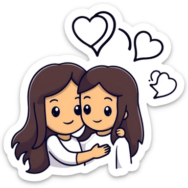 A couple embracing each other. The man has mestizo skin tone, slightly long dark brown straight hair. The woman has light skin, long dark brown hair. White hearts floating around them. sticker
