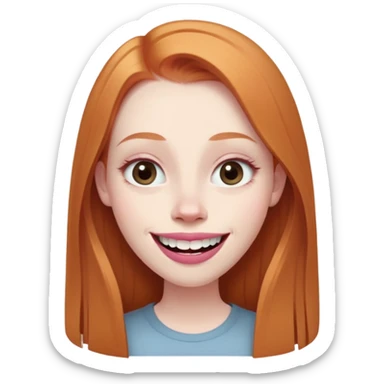 traditional emoji of young girl with very pale skin, long straight muted ginger hair, elongated oval face, bigger human-like eyes positioned close together, fuller thick eyebrows, wide nose, very large full pink lips with a big smile showing extremely large and prominent teeth, less intense expression sticker