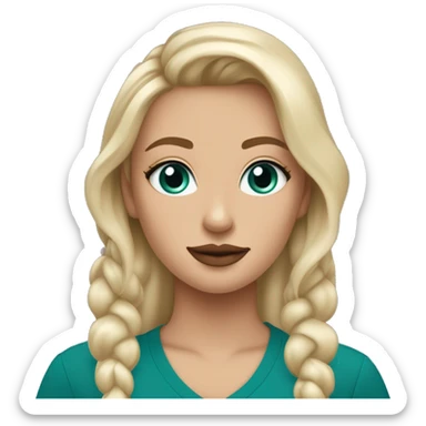 Blonde girl with blue eyes and a full face of makeup except for eyeshadow. Add a dark green shirt with ￼ Navajo pearl necklaces and teal earrings ￼ sticker
