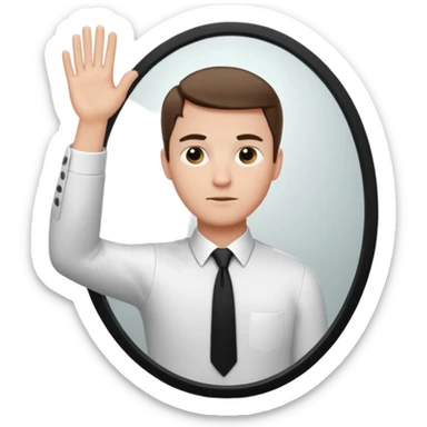 A man wearing a white dress shirt and black tie looking into a mirror holding up his hand. We should be seeing the back of the man and his reflection in the mirror. sticker