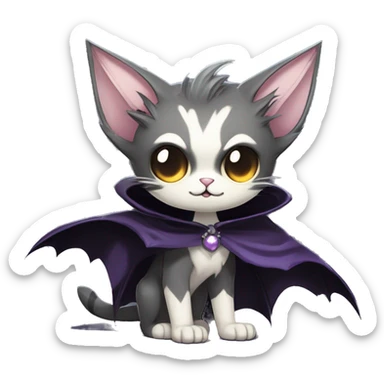   cool edgy beautiful anime-style ethereal dark-punk-themed animal vampiric cat-hybrid Fakemon with fangs and bat-wing-ears with a cape full body sticker