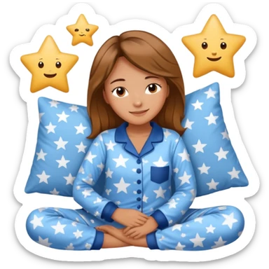  "type": "human",
      "look": "woman in star-print pyjamas, soft blue set, sleepy smile", sticker